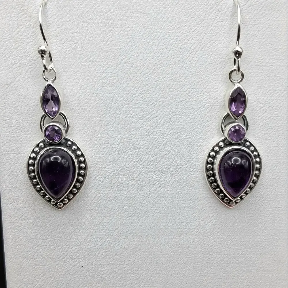 Sterling Silver Amethyst Dangle Earrings 925 Southwestern French Wire Purple